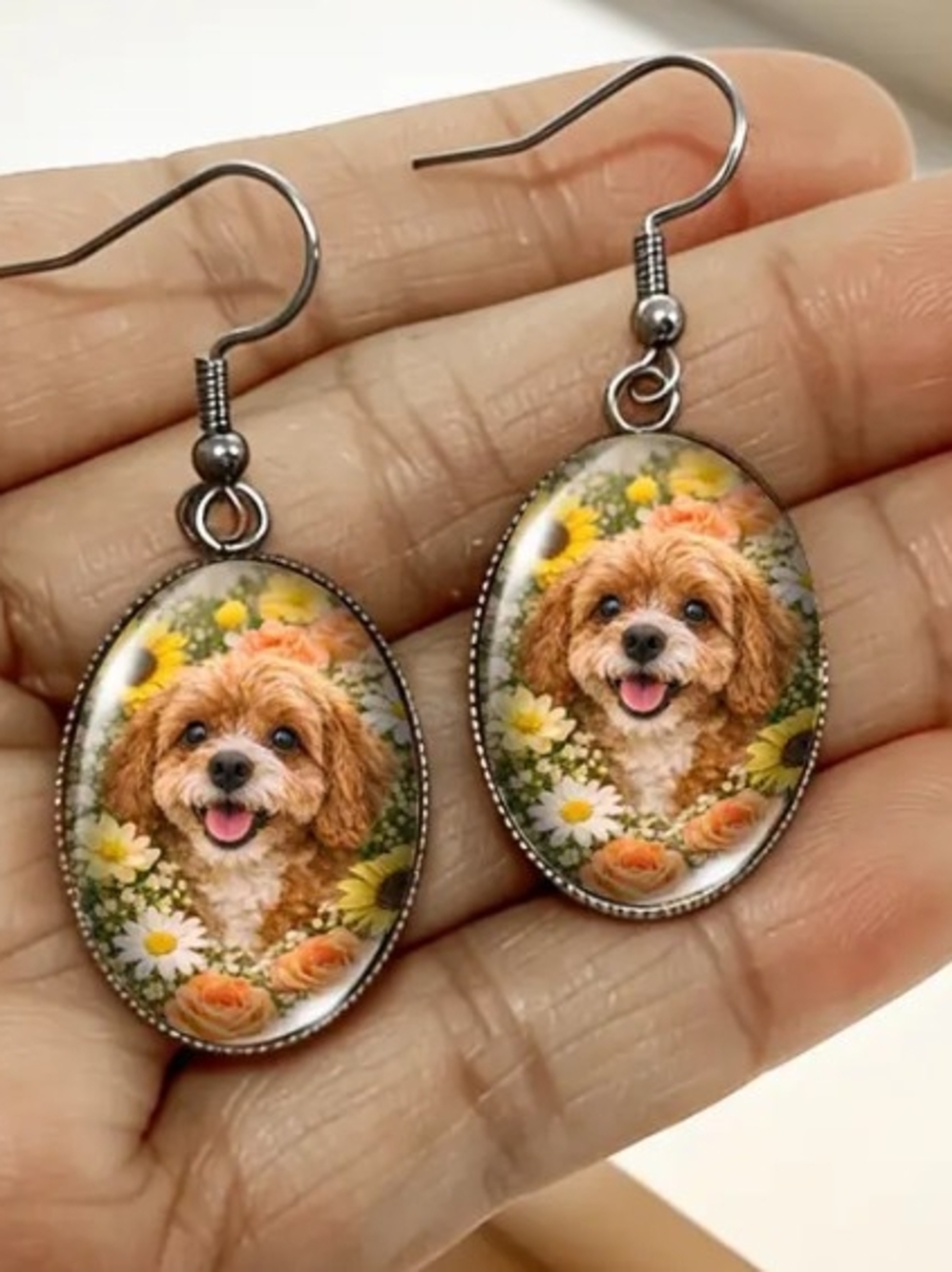 Brown Dog Floral Oval Earrings - Pet Lover Jewelry
